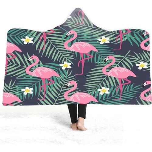 Tropical Plants Flamingo Kid Hooded Blanket for Adults Warm Wearable Fleece Woman Throw Blanket Sofa Bedding Sherpa Blanket