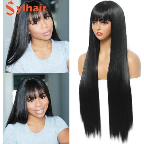 Sylhair 32'' Long Straight Black Wigs with Bangs Synthetic Wigs for Women