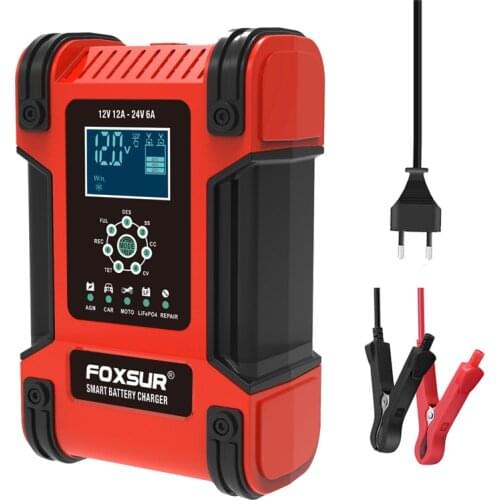 24V/12V 12A Car Battery Charger For AGM GEL WET Lead Acid LiFePO4 Motorcycle Batteries 7-Stage Automatic Pulse Repair Charger
