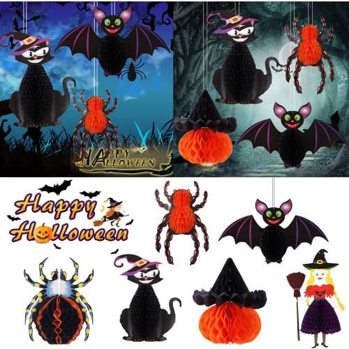 Halloween Bat Cat Honeycomb Ball Pendant Window Scene Decoration Spider Pumpkin Witch Halloween Pendant Diy Decorations