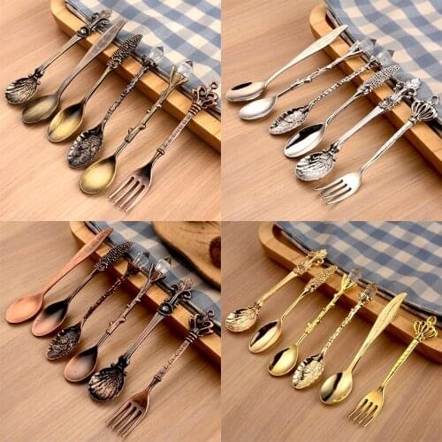 6 PCS/Set New Stainless Steel Cutlery Vintage Spoons Fork Royal Style Metal Carved Coffee Spoons Kitchen Accessories