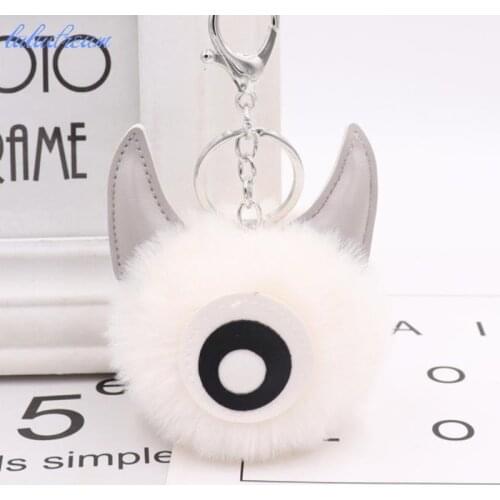Pu leather and rabbit hair one eye monster Rabbit Fur Ball plush KeyChain