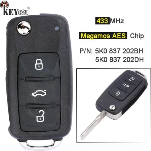 KEYECU 433MHz ASK Megamos AES / ID88 Chip 5K0 837 202 BH / DH Smart Remote Key Fob for Volkswagen Beetle Caddy Caravelle Jetta