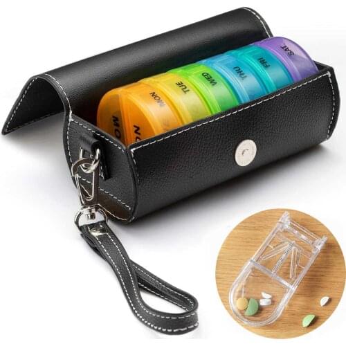 PU Portable 7 Days Pill Box Travel Weekly Medicine Organizer Case Round Container Pill Sorting For Vitamin Fish Oil Supplement
