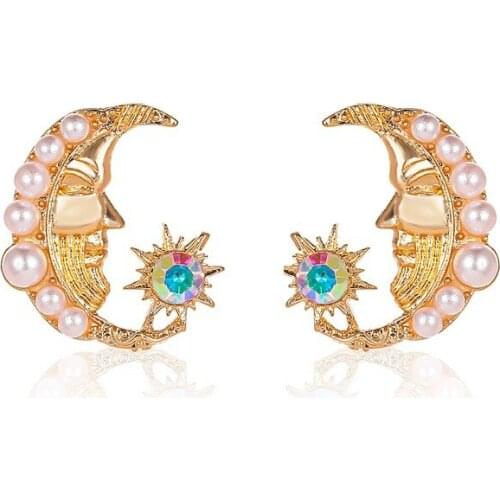 Sweet Cute Small Imitation Pearls Moon Earrings for Women Gold Color Rhinestone Sun Earring Female 2020 Fashion Jewelry New