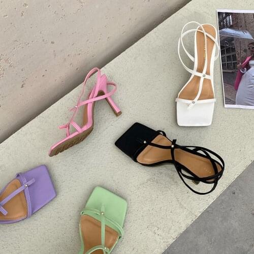 Fashion Women Candy Color Sandals Square Toe Thin High Heels Ladies Sandals Summer Dress Shoes Woman Ankle Strap Size 35-40