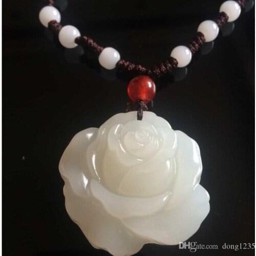 Natural Xinjiang hetian white female peony roses jadeite hang pendant necklace AAAAAA Free shipping
