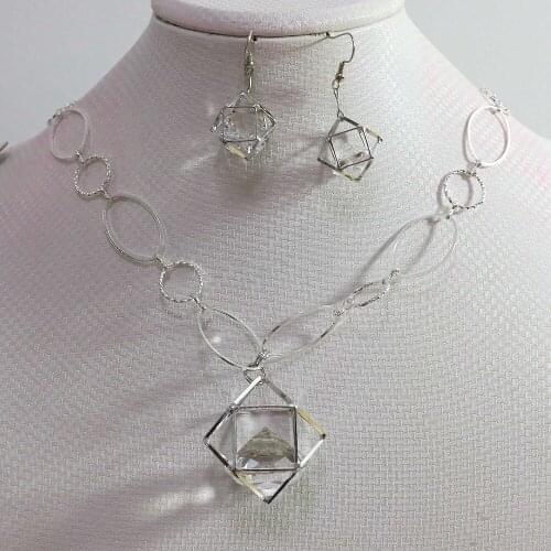New!!diy vintage crystal chain rhinestone bead jewelry hollow out silver-color square women gift necklace&earrings 34"B892