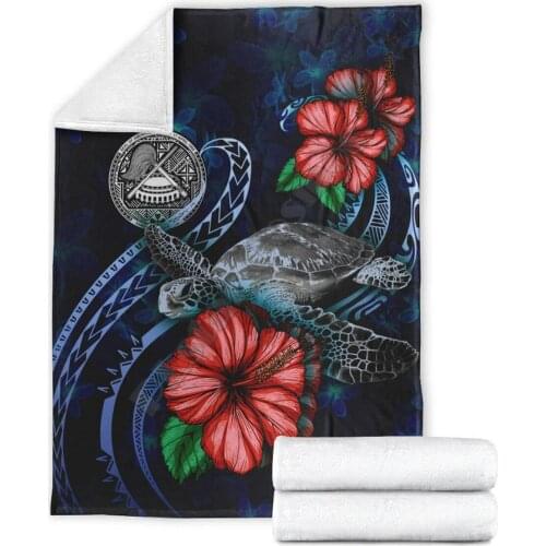 American Samoa Polynesian Premium Blanket Blue Turtle Hibiscus 3D printed Sherpa Blanket on Bed Home Textiles HOME ACCESSORIES