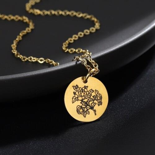Personalized Birth Flower Necklace Flower Disc Necklace Gold Stainless Steel Pendant Portrait Snowdrop Flowers Chain Women Gift