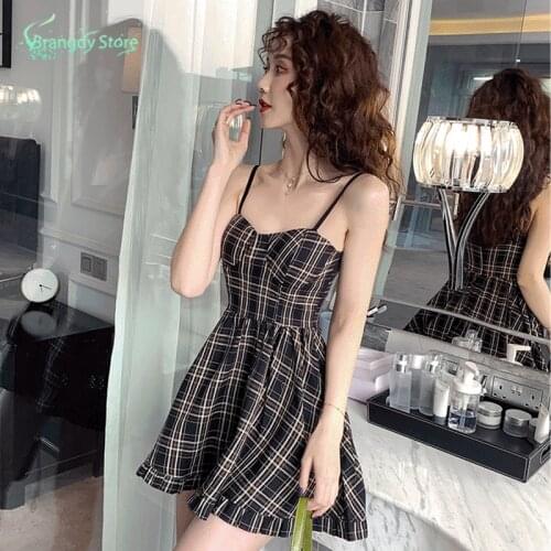 Strap Dress 2021 Fashion Women Aesthetic Clothes Plaid Skirt Cottagecore Harajuku Fairy Dresses Sexy Mini Dress Wholesale Clothi