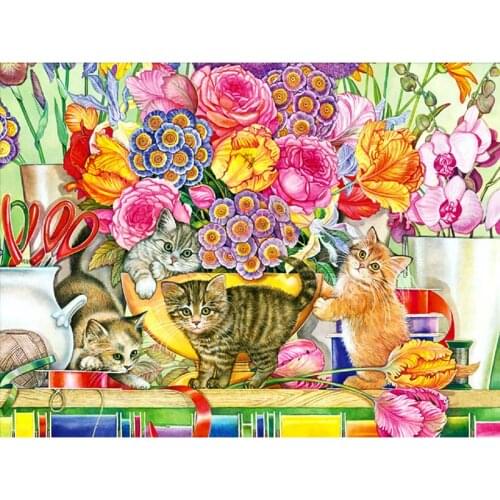 Full DIY 5D Diamond Painting Cartoon Lovely Pussy & Flowers Cross Stitch Diamond Embroidery Patterns rhinestones Diamond Mosaic