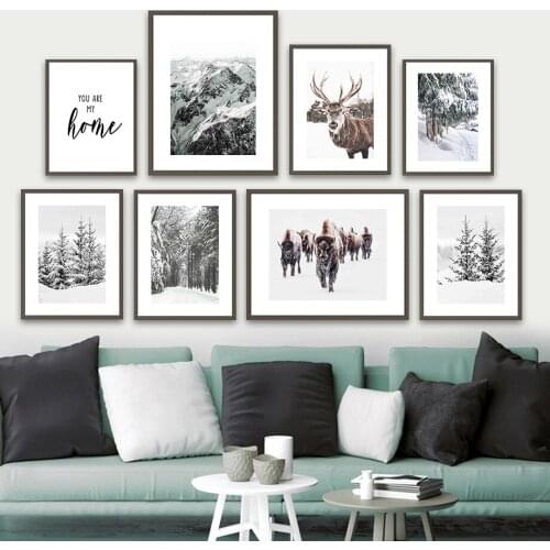 Reindeer Pine Snow Mountain Cattle Forest Wall Art Canvas Painting Nordic Posters And Prints Wall Pictures For Living Room Decor