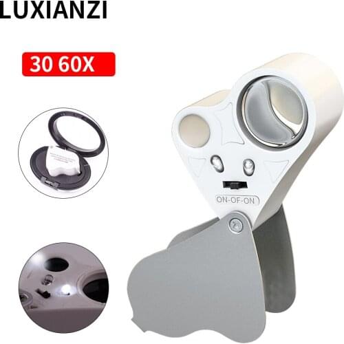 LUXIANZI 30X 60X Folding Jewllery Loupe with LED Double lens For Read Check HD Magnifying Glass Portable Magnifier Glasses