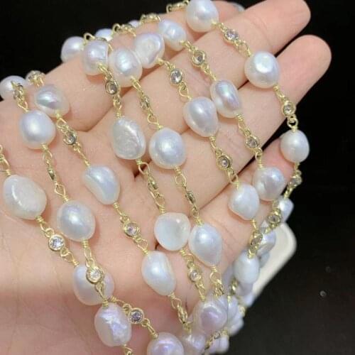WT-RBC141 Newest hot natural freshwater pearl CZ chain Gorgeous original pearl rosary beads chain for necklace