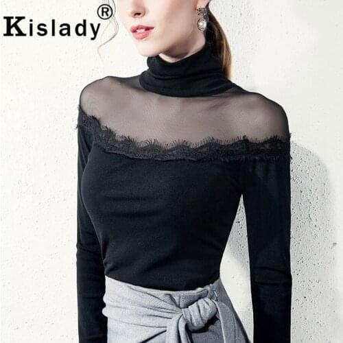 Women Clothes 2020 Fashion Patchwork Long Sleeve Tshirt Hot Sexy Transparent Lace Mesh Top Plus Size Black Turtleneck Tops XXXL
