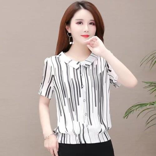 Women Spring Summer Style Chiffon Blouses Shirts Lady Casual Peter Pan Collar Striped Polka Dot Printed Blusas Tops ZZ0422