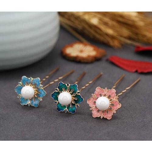 Morkopela Vintage Enamel Butterfly Flower Hair Pin Banquet Hairpin For Women Bridal Pearls Hair Sticks Wedding Hair Accessories