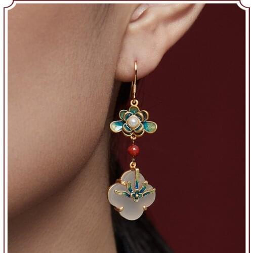 Oriental Classical Painted Enamel Earrings Female Chinese Antique Sterling Silver Tassel Jade Earrings Mothers Gift