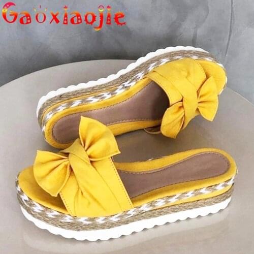 Large Size Women Slippers 2020 Summer Bowknot Beach Shoes Thick Bottom5CM Comfortable Flat Non-slip Pregnant Women Concise Slide