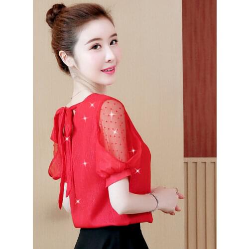 Women Spring Summer Chiffon Blouses Hollow Out Lace Shirts Lady Casual Short Sleeve O-neck Loose Blouses Womens Tops DF3480