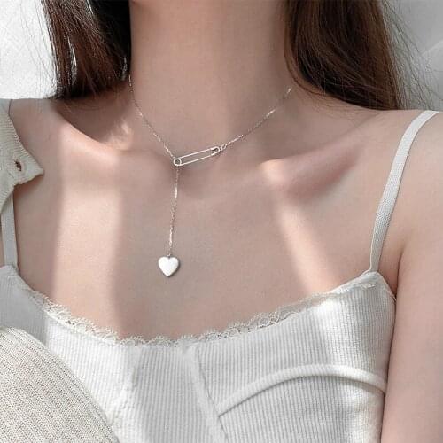 Simple 925 Sterling Silver Long Heart Shape Charm Pendant Choker Necklace For Girl Women Statement Wedding Jewelry dz457