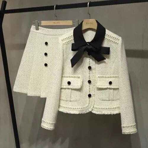 New Autumn Winter Fashion Bow Tweed Two-Piece Sets Ladies Temperament Woolen Jacket Coat + Pleated Button Skirt Suits