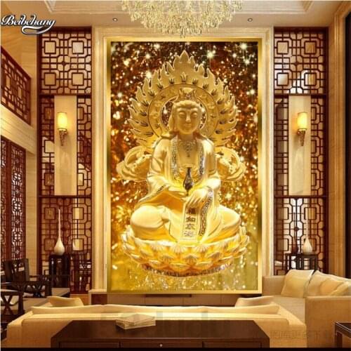 Beibehang Golden Guanyin sitting lotus relief hall aisle background zenith custom large fresco non woven wallpaper wall paper