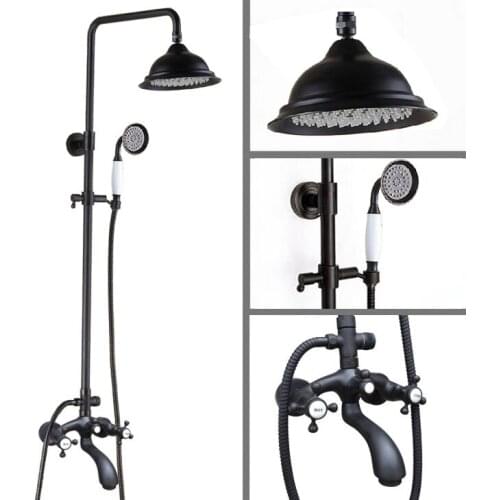 Black Oil Rubbed Brass Dual Cross Handles Bathroom 8 Inch Round Rain Shower Faucet Set Bath Tub Mixer Tap Hand Shower mhg114