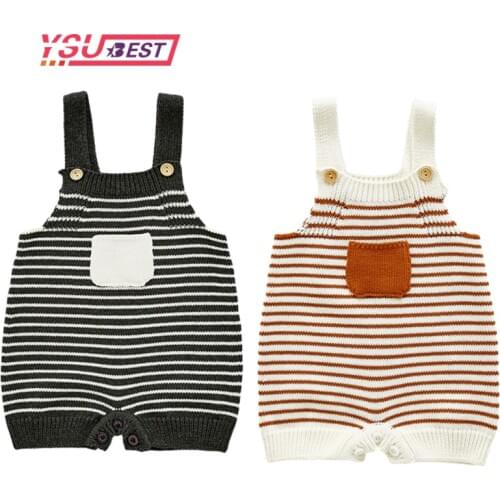 Baby Rompers Autumn Stripe Knitted Baby Girl Jumpsuit Clothes Pocket Sleeveless Newborn Boy Overalls Children One Piece Costume