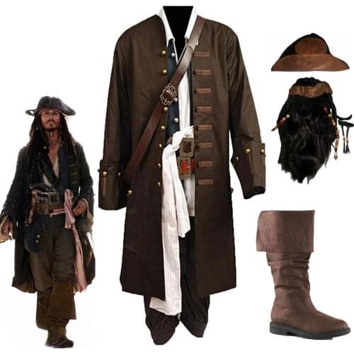 Jack Sparrow Pirate Costume Adult Cosplay Fancy Dress Carnival Captain Pirates Caribbean Halloween Party Costume Hat and wig Set