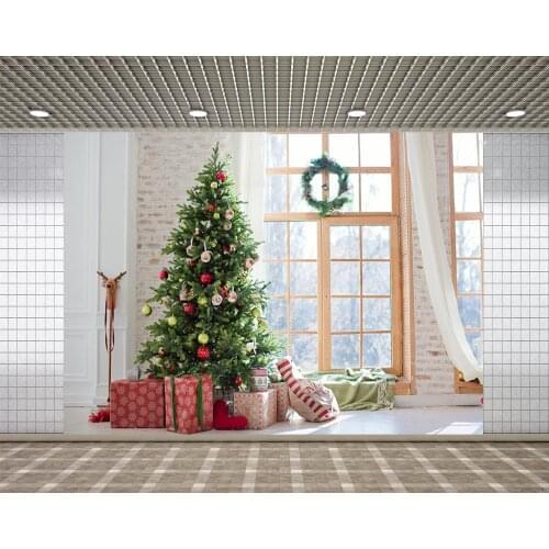 Lyavshi Christmas tree background gift window wreath bells brick wall ornaments photo studio photography background