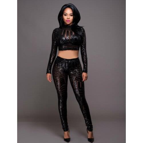 AHVIT Sequinted Shine Solid Color Sexy Women Two Piece Set Long Sleeve O Neck Crop Top And Hight Waist Skinny Pants YDN269