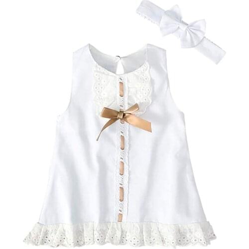 2021 Princess Toddler Newborn Baby Girls Sleeveless Lace Dress Headband 2pcs Floral Bow Sleeveless A-Line Sundress Size 70-100