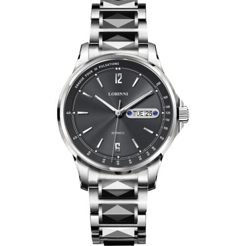 LOBINNI Mens 50M Waterproof Steel Strap Business Dual Calendar Sapphire Mirror Automatic Self-wind Mechanical Wrist Watch