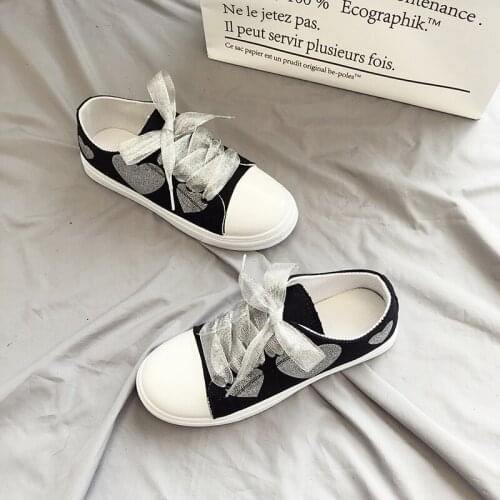 Solid White Sneakers Women Love Print Shoes Woman Vulcanized Lace Up Casual Shoes Fashion Canvas Soft Sole Students Flats U12-73