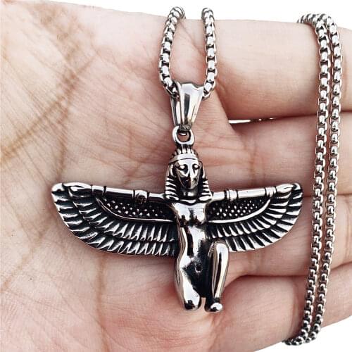 Mens Womens Egyptian Goddess Winged ISIS Pendant Necklace Stainless Steel