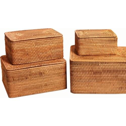 Handmade Weaving Rattan Storage Basket With Cover Handwork Home Dining Room Storage Food Fruit Vegetables Bread Organization
