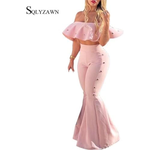 Sexy Pink Women Two Piece Set Sweet Off Shoulder Sleeveless Crop Top and Ruffle Long Pants Elegant Matching Co Ords Outfit Suit
