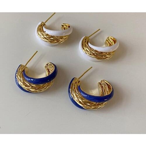 SRCOI Double Tone Twist Enamel Stud Earrings Vintage Minimalist White Blue Dripping Oil Geometric Spiral Earrings Femme Gift