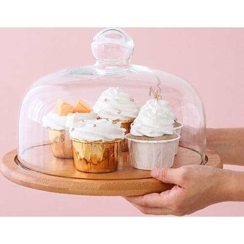 1 Set Party Cake Glass Cover Food Cover Dessert Cake Plate Dust-Proof Cover Glass Cover Cake Display Plate Table Wooden Tray