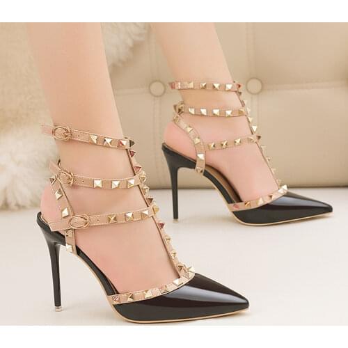 10CM PUMPS woman 2019 Sexy nightclub stiletto heels patent-leather metallic rivet hollow Roman fashion sandals