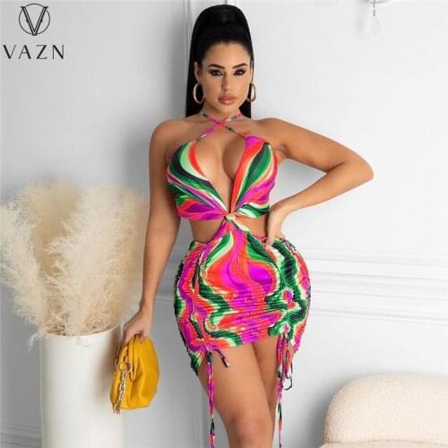VAZN Mini Dresses New Arrival Summer Boho V-Neck Sleeveless Party Beach Print Short Dress Casual Sundress