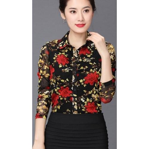 Spring Autumn Female Women Yellow Floral Print Long Sleeve Blouse Top Shirt , Woman Clothes , Womens Flower 4xl Tops And Blouses