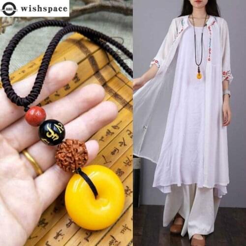 Wishspace manual national wind restoring ancient ways sweater chain auspicious wood bead adjustabl long necklace pendant jewelry