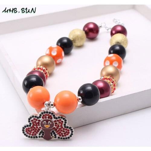MHS.SUN Thanksgiving Day Jewelry Kids Chunky Beads Necklace With Turkey Charm Pendant For Baby Girls Festival Party Gift