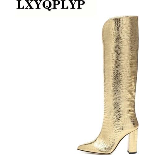 Zebra Printing Women Knee High Boots Horse Hair Pointed Toe High Heels Party Shoes Ladies Thick Heel Botines Mujer 2021