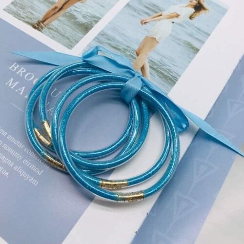 Blue Color All Weather Bangle Glitter Filled Stardust Circle Women Bowknot Jelly Bangles Bracelet Femme Jewelry 5 Pcs/Set