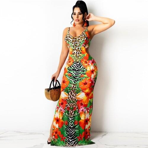 Leopard Floral Print Sexy Long Sundress for Women Spaghetti Strap Backless Party Dresses Vintage Side High Split Robe Femme