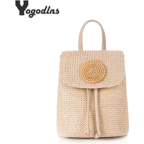 Casual Fashion Straw Woven Backpack Women Rucksack Summer Teenage Girl Bucket School Packs Travel Bags Large Capacity Handbags